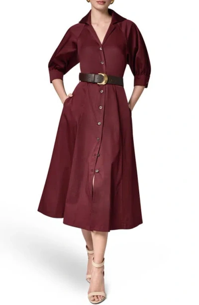 Donna Karan New York Belted Stretch Cotton Midi Shirtdress In Burgundy