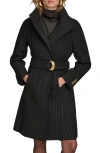 Donna Karan New York Belted Wool Wrap Coat In Black Pinstripe