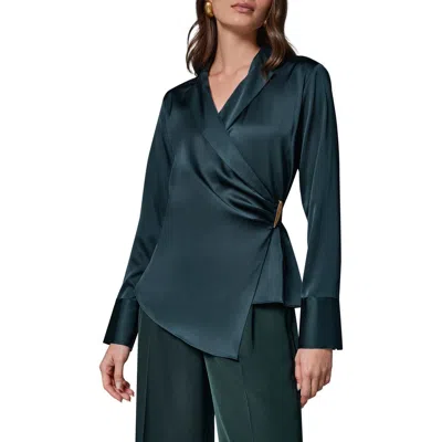 Donna Karan New York Buckle Detail Long Sleeve Satin Wrap Top In Blue