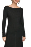 Donna Karan New York Button Shoulder Boat Neck Rib Sweater In Black