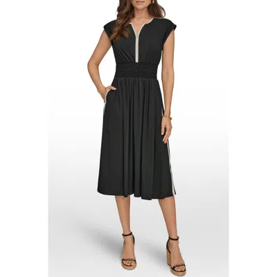 Donna Karan New York Cap Sleeve Piped Midi A-line Dress In Black