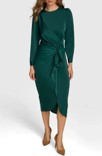 Donna Karan New York Cascade Ruffle Long Sleeve Satin Midi Dress In Spruce