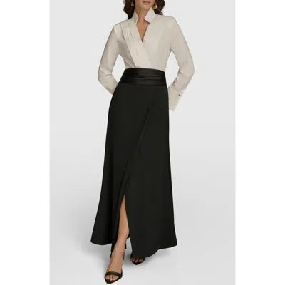 Donna Karan New York Contrast Long Sleeve Gown In Black,cream