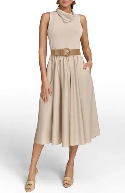 Donna Karan New York Cowl Neck Mixed Media Midi Dress In Neutral