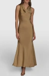 Donna Karan New York Cowl Neck Satin Cocktail Maxi Dress In Pale Gold