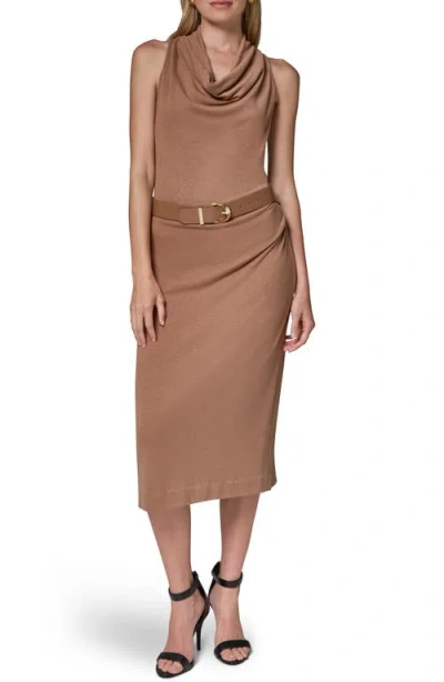 Donna Karan New York Cowl Neck Sleeveless Midi Dress In Camel