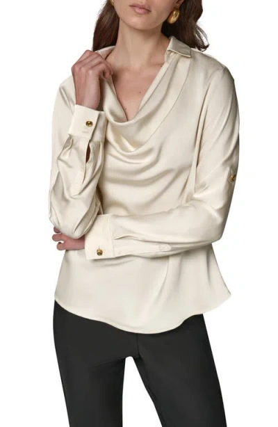 Donna Karan New York Cowl Neck Top With Roll Sleeves In Ivory