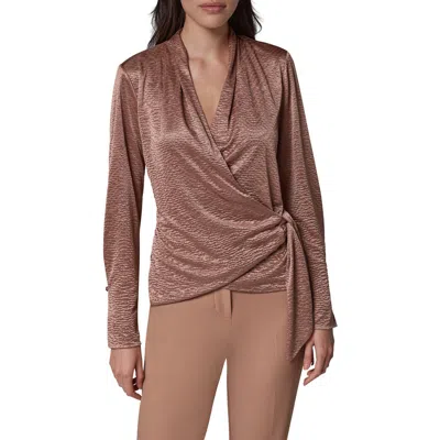 Donna Karan New York Crinkle Tie Waist Satin Top In Brown