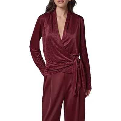 Donna Karan New York Crinkle Tie Waist Satin Top In Burgundy