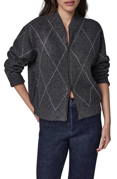 Donna Karan New York Crystal Embellished Zip Front Bomber Cardigan In Black