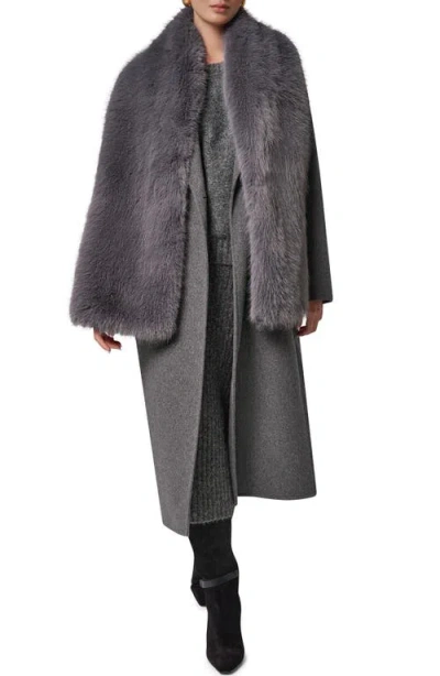Donna Karan New York Double Breasted Coat With Removable Faux Fur Scarf In Gray