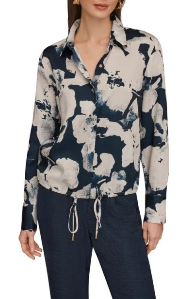 Donna Karan New York Drawstring Hem Long Sleeve Shirt In Blue