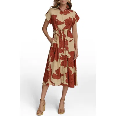Donna Karan New York Drawstring Waist Linen Blend Shirtdress In Cinnamon Multi