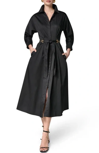 Donna Karan New York Drawstring Waist Stretch Cotton Midi Shirtdress In Black
