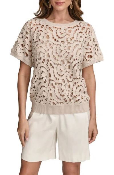 Donna Karan New York Drop Shoulder Crochet Short Sleeve Sweater