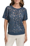 Donna Karan New York Drop Shoulder Crochet Short Sleeve Sweater In Blue