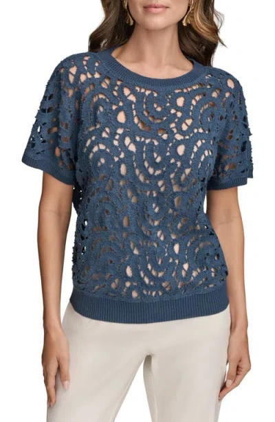 Donna Karan New York Drop Shoulder Crochet Short Sleeve Sweater In Blue
