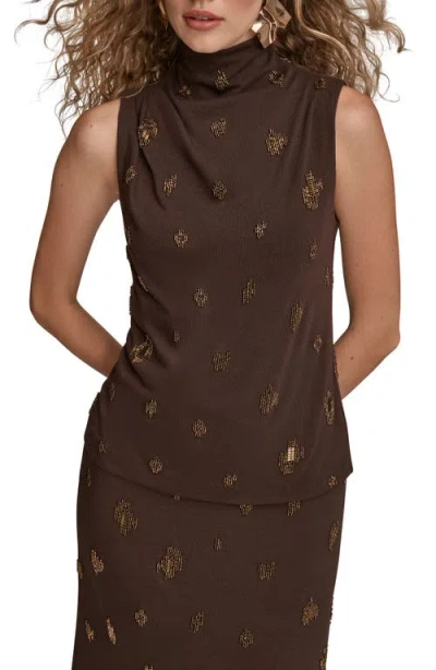 DONNA KARAN DONNA KARAN NEW YORK EMBROIDERED BEAD SLEEVELESS FUNNEL NECK TOP