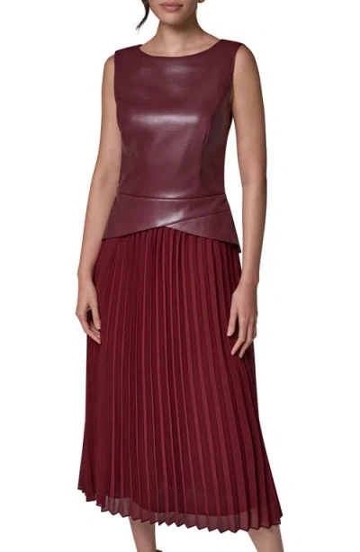 Donna Karan New York Faux Leather & Pleated Dress In Burgundy