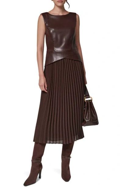 Donna Karan New York Faux Leather & Pleated Dress In Brown
