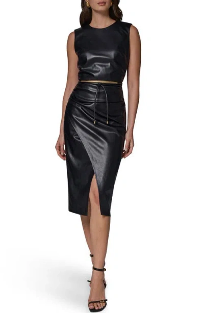 Donna Karan Sleeveless Faux Leather Side-ruched Midi Dress With Lariat Belt In Black