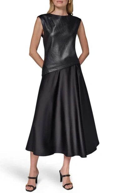 Donna Karan New York Faux Leather Mixed Media Midi Dress In Black