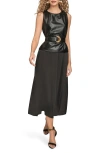 Donna Karan New York Faux Leather Sleeveless Belted Mixed Media Dress In Black