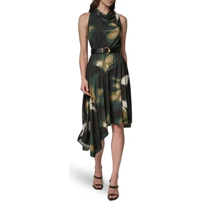 Donna Karan New York Floral Asymmetric Handkerchief Hem Dress In Olive Brine