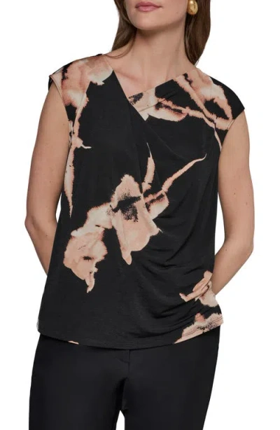 Donna Karan New York Floral Asymmetric Neck Top In Black