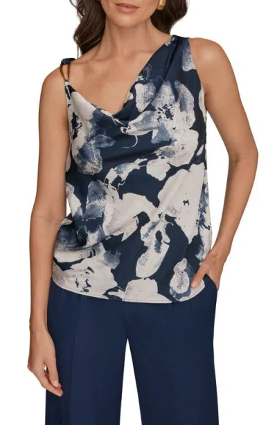 Donna Karan New York Floral Asymmetric Sleeveless Hardware Accent Top In Blue