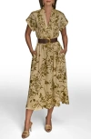 Donna Karan New York Floral Short Sleeve Belted A-line Midi Dress In Brown