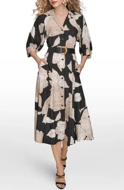 Donna Karan New York Floral Belted Shirtdress In Black/ Fawn Multi (h5n)