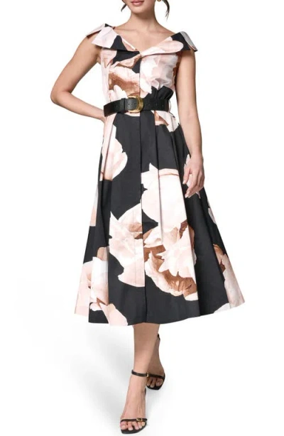 Donna Karan New York Floral Belted Stretch Fit & Flare Midi Dress In Black