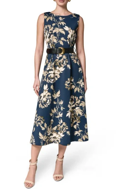 Donna Karan New York Floral Belted Stretch Fit & Flare Midi Dress In Blue