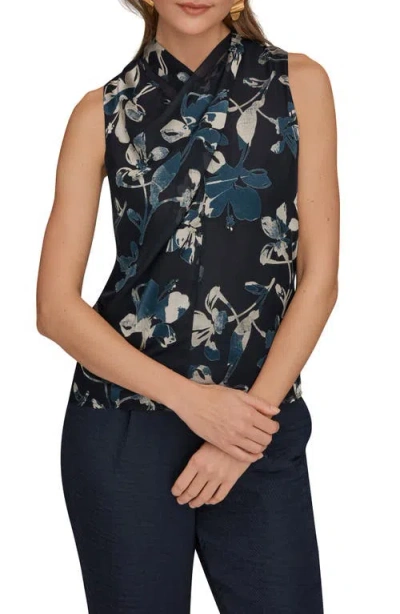 Donna Karan New York Floral Burnout Twist Neck Top In Blue