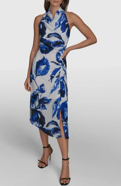 Donna Karan New York Floral Cowl Neck Asymmetric Dress In Cream/electric