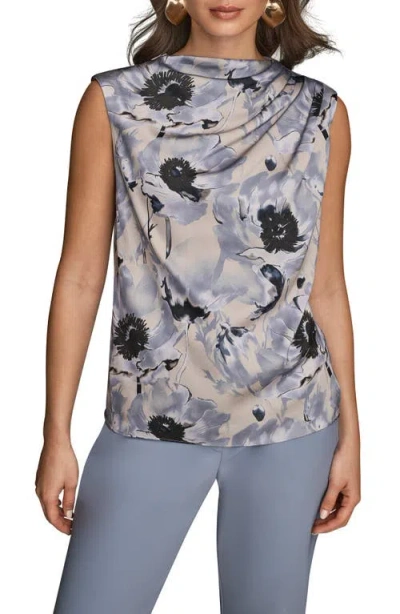 Donna Karan New York Floral Draped Sleeveless Cowl Neck Top In Blue