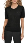 Donna Karan New York Floral Embellished Merino Wool Knit Top In Black