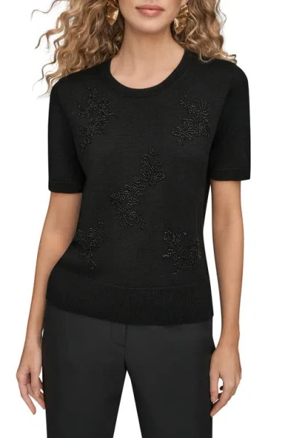 Donna Karan New York Floral Embellished Merino Wool Knit Top In Black