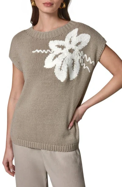 Donna Karan New York Floral Embroidered Short Sleeve Sweater In Gray