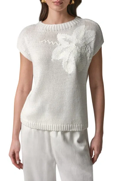Donna Karan New York Floral Embroidered Short Sleeve Sweater In White