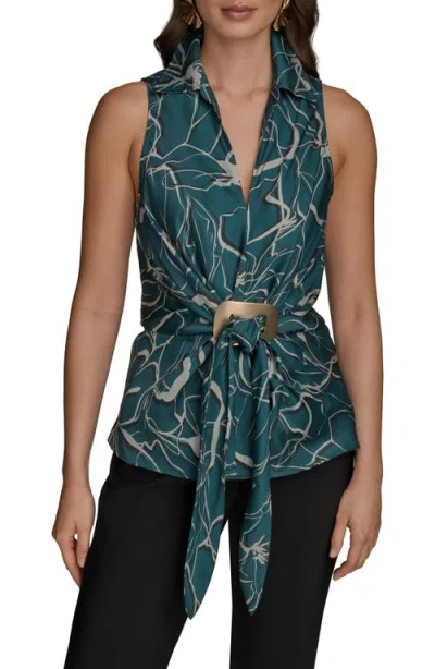 Donna Karan New York Floral Faux Wrap Sleeveless Top In Green