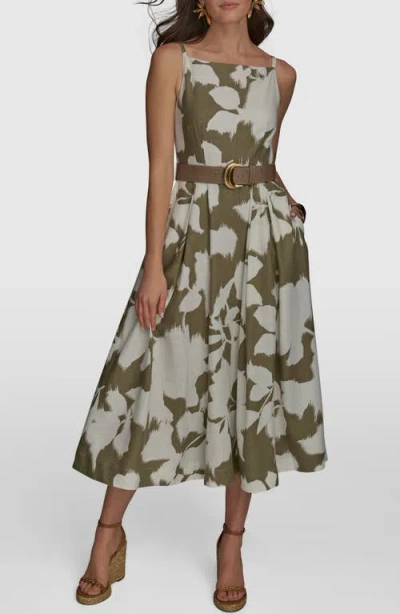 Donna Karan New York Floral Linen Blend Midi Dress In Hazelnt/cr