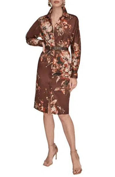 Donna Karan New York Floral Long Sleeve Belted Stretch Cotton Shirtress In Brown