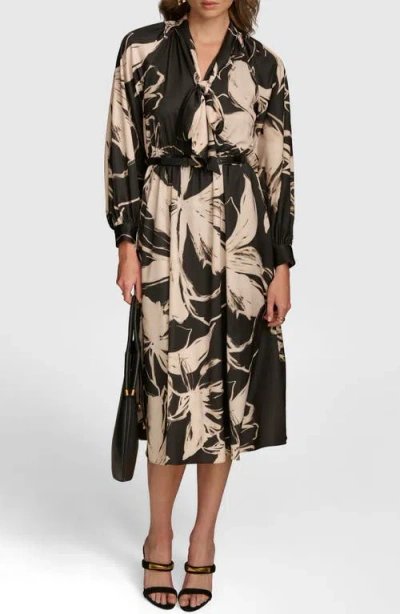 Donna Karan New York Floral Long Sleeve Midi Dress In Black Fawn
