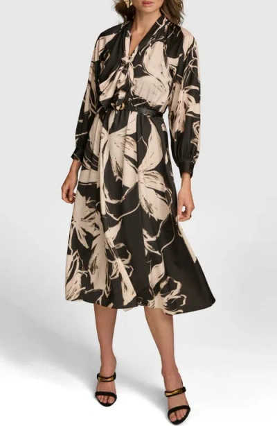 DONNA KARAN DONNA KARAN NEW YORK FLORAL LONG SLEEVE MIDI DRESS