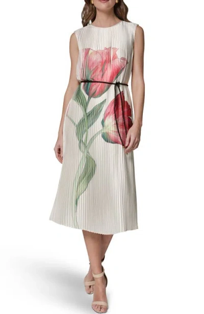 Donna Karan New York Floral Pleat Satin Midi Dress In Multi