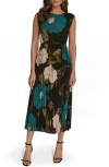 Donna Karan New York Floral Pleated Tie Belt Georgette Cocktail Dress In Green