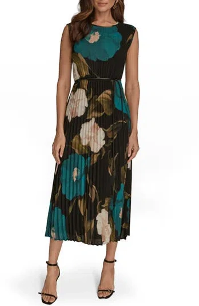 Donna Karan New York Floral Pleated Tie Belt Georgette Cocktail Dress In Green