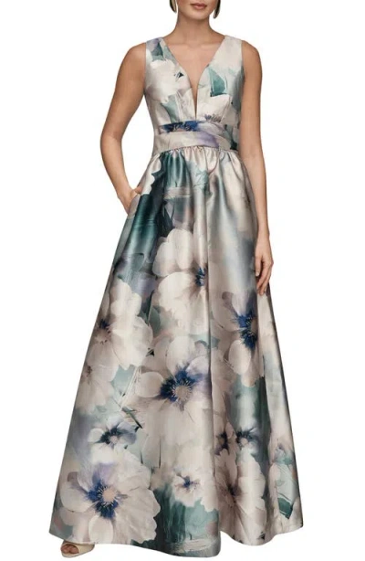 Donna Karan New York Floral Plunge Neck Ball Gown In Green
